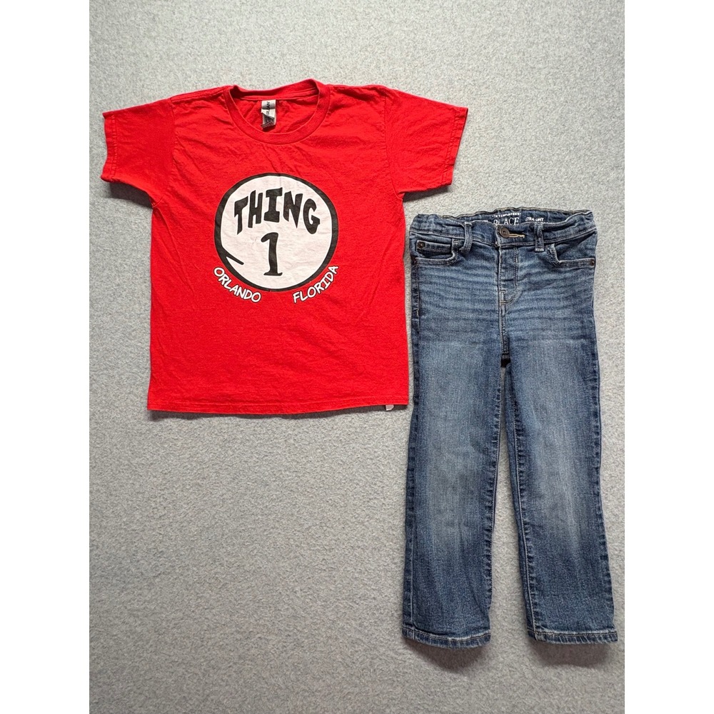 Dr Seuss Thing 1 Shirt Childrens Place Jeans Set Red Blue‎ Boys Size 4T XS
